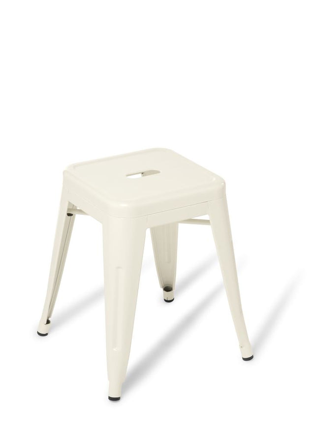 Low Stool Industry in white, featuring a sturdy steel frame, minimalist design, stackable, 457mm seat height for versatile seating.