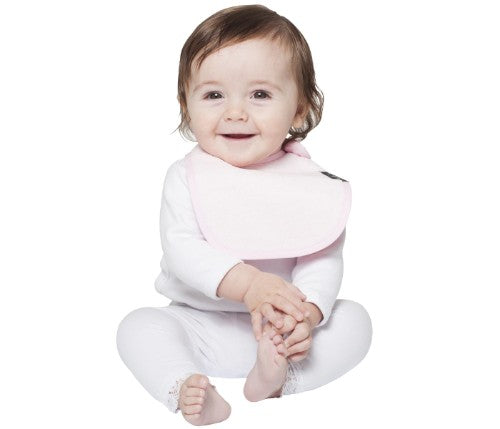 Baby Pink Infant Wonder Bib for newborns, featuring absorbent cotton, water-resistant backing, and side attachment for comfort.
