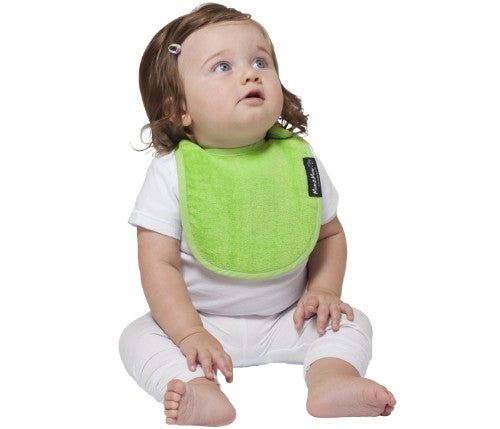 Vibrant lime Infant Wonder Bib designed for newborns, featuring super-absorbent cotton and water-resistant backing for comfort.