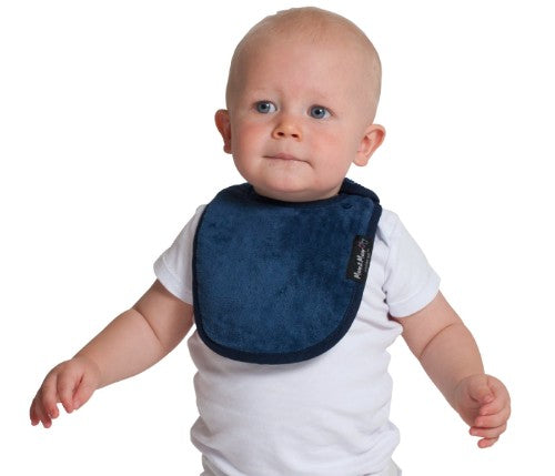Navy Infant Wonder Bib for newborns, featuring side attachment, 100% cotton, super-absorbent, and water-resistant design.