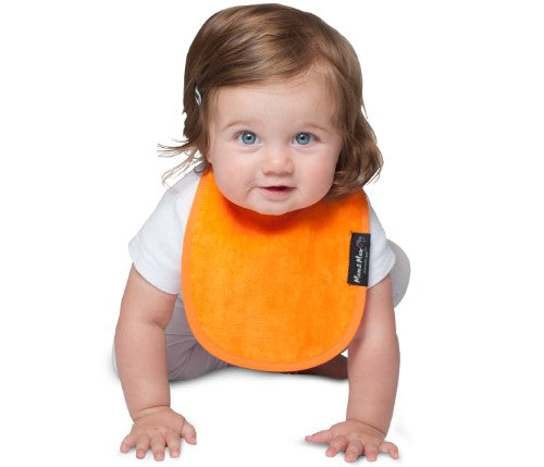 Infant Wonder Bib in vibrant orange, designed for newborns with ultra-absorbent cotton and water-resistant backing.