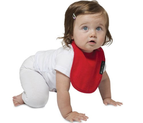 Infant Wonder Bib in red, designed for newborns with super-absorbent cotton, water-resistant backing, and side attachment.