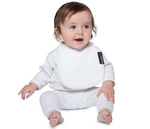 White Infant Wonder Bib for newborns, featuring soft cotton, water-resistant backing, and designed to prevent dribble rash.