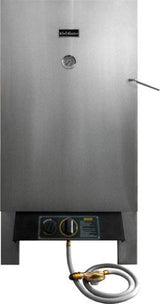 Stainless steel Kiwi Sizzler gas smoker with powerful burner, piezo igniter, and temperature gauge for outdoor cooking.