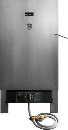 Stainless steel Kiwi Sizzler gas smoker with powerful burner, piezo igniter, and temperature gauge for outdoor cooking.