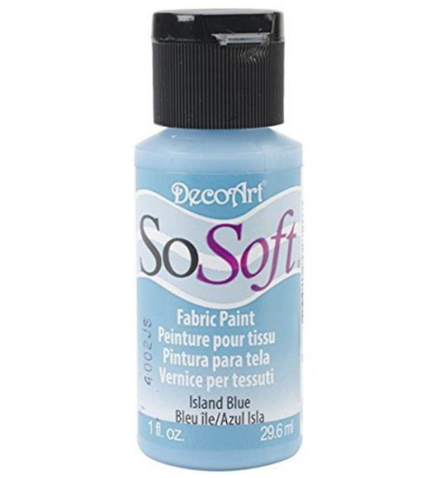 Vibrant Island Blue fabric paint in 1oz, perfect for soft, durable designs on fabric, faux leather, and canvas.