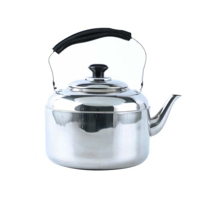 Large 5L stainless steel catering teapot with fold-down handle, ideal for serving hot beverages at events and gatherings.