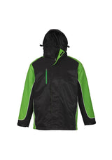 Unisex Nitro Jacket in black, green, and white with concealed hood, pockets, and soft fleece lining for outdoor comfort.