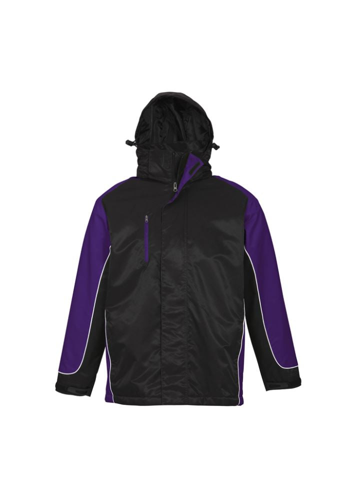 Unisex Nitro Jacket in Black/Purple/White, 3XL, featuring durable nylon, cozy fleece lining, concealed hood, and audio pocket.