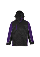Unisex Nitro Jacket in Black/Purple/White, 3XL, featuring durable nylon, cozy fleece lining, concealed hood, and audio pocket.
