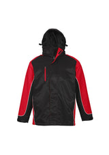 Unisex Nitro Jacket in Black/Red/White, Size L, featuring contrast panels, concealed hood, and weather-resistant fabric.