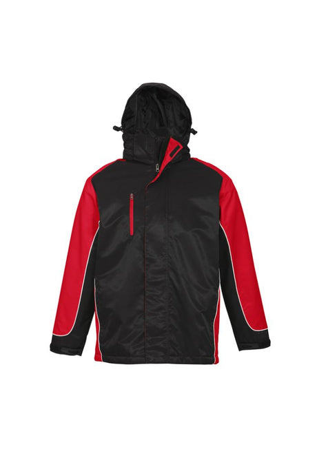 Unisex Nitro Jacket in Black, Red, and White, featuring water-resistant fabric, concealed hood, and pockets for essentials.