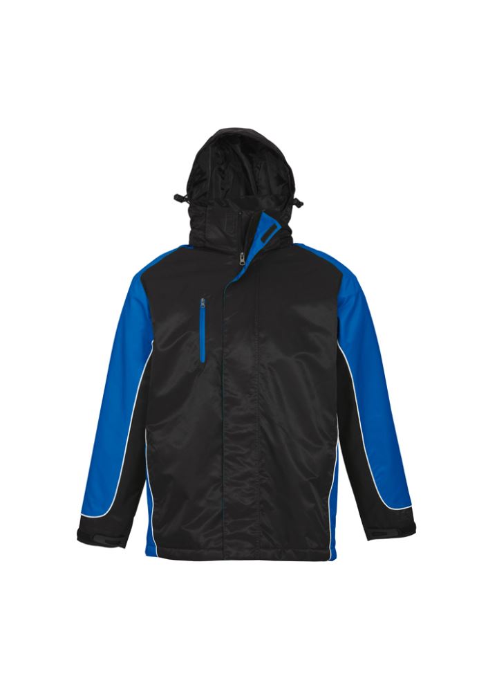 Unisex Nitro Jacket in Black/Royal/White, Size M, featuring contrast panels, concealed hood, and practical pockets for outdoor activities.
