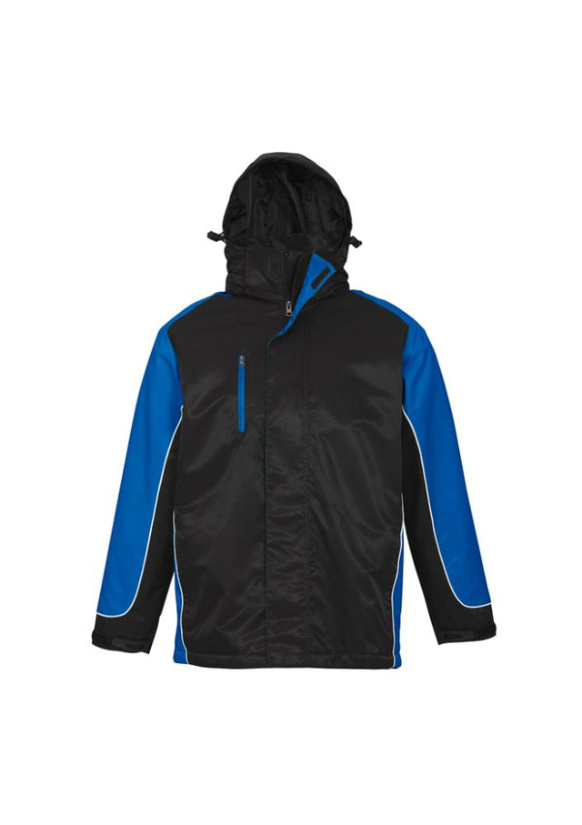 Unisex Nitro Jacket in Black/Royal/White, Size M, featuring contrast panels, concealed hood, and practical pockets for outdoor activities.