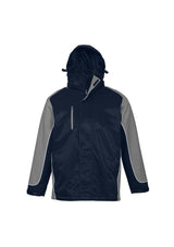 Unisex Nitro Jacket in Navy, Grey, and White, size L; features a concealed hood, zip pockets, and warm micro fleece lining.