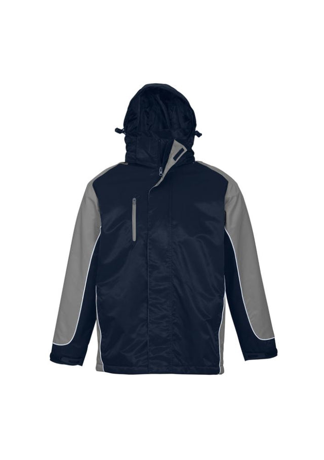 Unisex Nitro Jacket in Navy, Grey, and White, size L; features a concealed hood, zip pockets, and warm micro fleece lining.