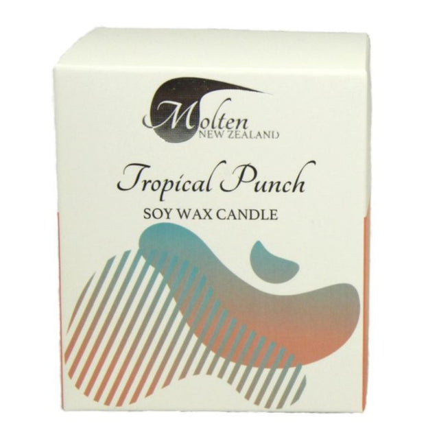 Tropical Punch Soy Candle Jar in a printed box, 10oz, fills your space with vibrant, summer-inspired fruit aromas.