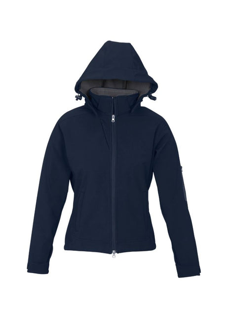 Navy and graphite Ladies Summit Jacket in size L, featuring 4-way stretch, adjustable hood, and water-repellent fabric.