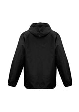 Unisex Base Jacket in black, size KS, featuring a full zip, pouch hood, elastic cuffs, and side pockets for practicality.