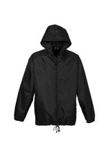 Unisex black base jacket in size YS, made of showerproof polyester with a zip front, pouch hood, elastic cuffs, and side pockets.