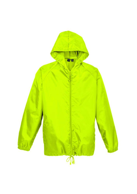 Unisex Fluoro Lime base jacket, 100% showerproof, full zip, adjustable hood, elastic cuffs, ideal for branding and all seasons.