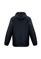 Unisex navy base jacket with full zip, pouch hood, elastic cuffs, and side pockets; perfect for all seasons and activities.