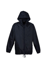 Unisex navy jacket featuring a full zip, drawstring hood, elastic cuffs, and side pockets, perfect for year-round wear.