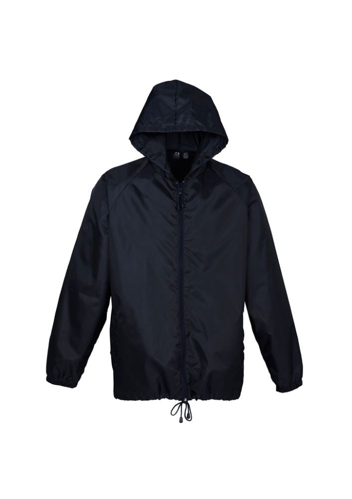 Unisex Base Jacket in navy, size KS; 100% showerproof polyester, full zip, drawstring hood, elastic cuffs, and side pockets.