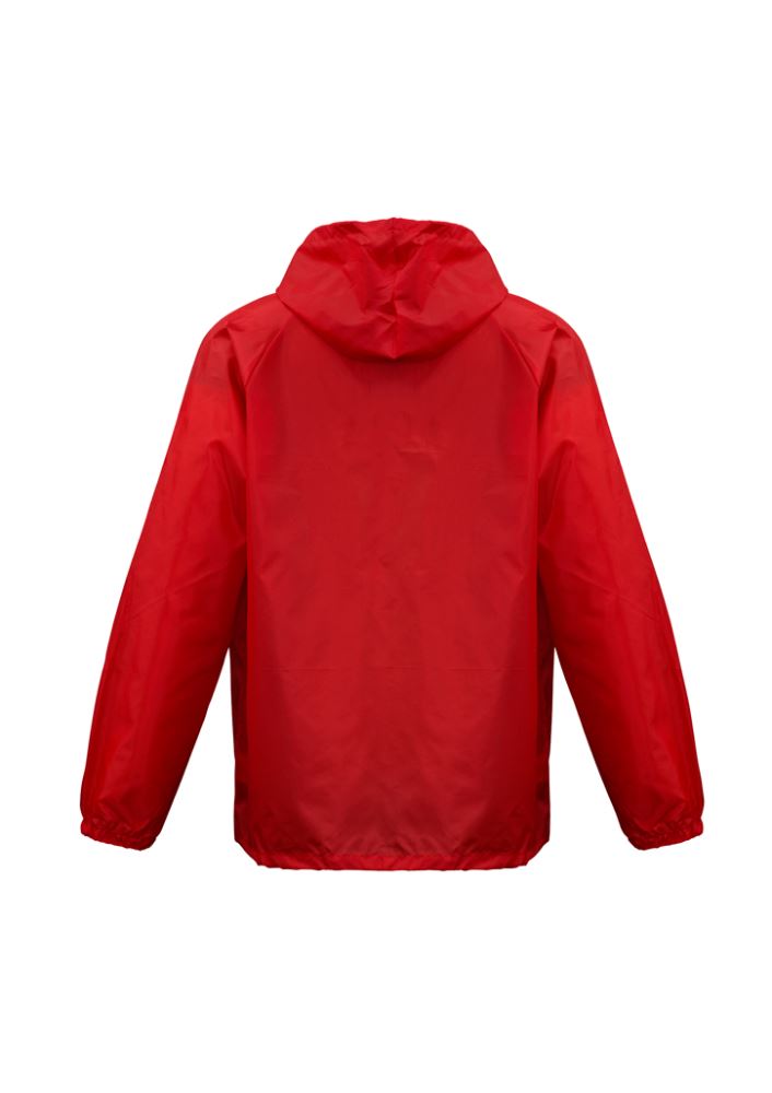 Vibrant red unisex base jacket, lightweight, showerproof, with full zip, pouch hood, and side pockets for practicality.