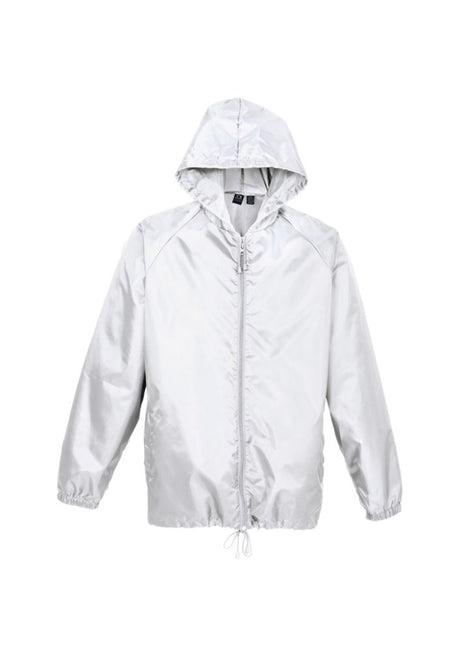 Unisex white base jacket in size KS, featuring a full zip, adjustable hood, elastic cuffs, and side pockets for convenience.