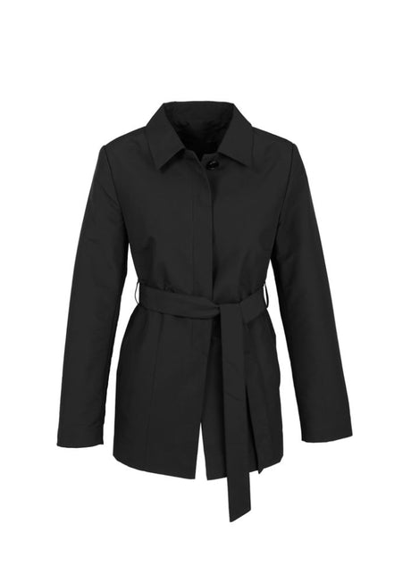 Ladies Studio Trench coat in black, size 2XL, featuring a zip front, waist tie, pockets, and durable polyester fabric.