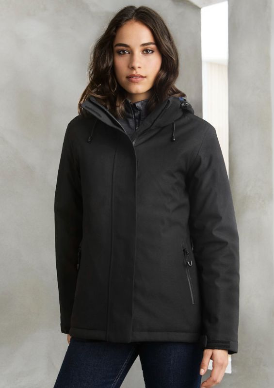 Ladies Eclipse Jacket in black, featuring a waterproof shell, quilted lining, and adjustable hood for warmth and style.