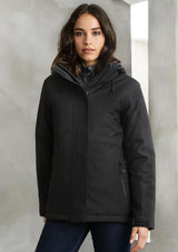 Ladies Eclipse Jacket in black, featuring a waterproof shell, quilted lining, and adjustable hood for warmth and style.