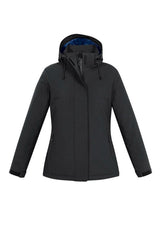 Ladies Eclipse Jacket in Black, featuring a waterproof shell, zip-off hood, and quilted insulation for warmth and style.