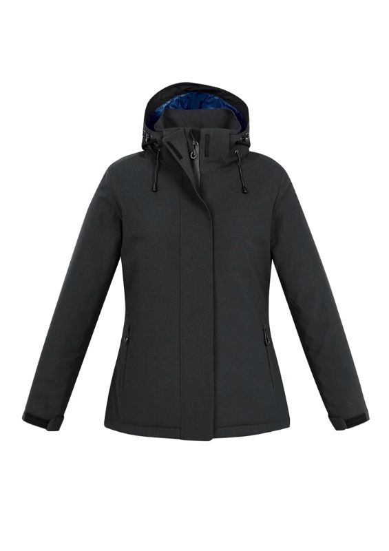 Ladies Eclipse Jacket in Black, featuring a waterproof shell, zip-off hood, and quilted insulation for warmth and style.