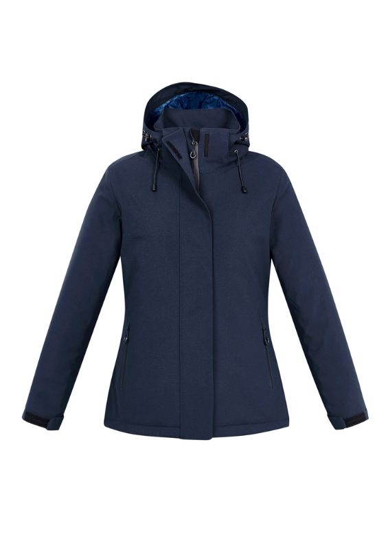 Navy Ladies Eclipse Jacket in size large, featuring a detachable hood, waterproof shell, and quilted lining for warmth.