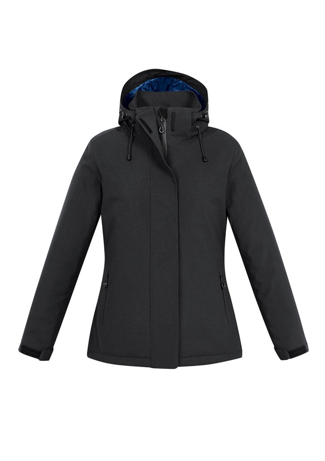 Ladies Eclipse Jacket in black, 2XL size, featuring a waterproof shell, detachable hood, and cozy quilted lining for warmth.