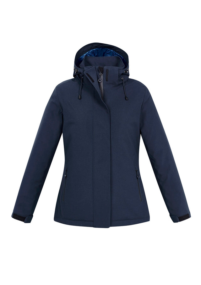 Ladies Eclipse Navy Jacket in size S featuring waterproof shell, zip-off hood, and stylish insulation for warmth and comfort.