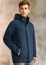 Men's navy Eclipse Jacket with zip-off hood, waterproof pockets, and quilted lining for warmth and weather protection.