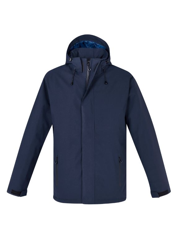 Men's Navy Eclipse Jacket from Biz Collection featuring a zip-off hood, waterproof features, and quilted lining for warmth.