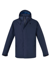 Men's Navy Eclipse Jacket from Biz Collection featuring a zip-off hood, waterproof features, and quilted lining for warmth.