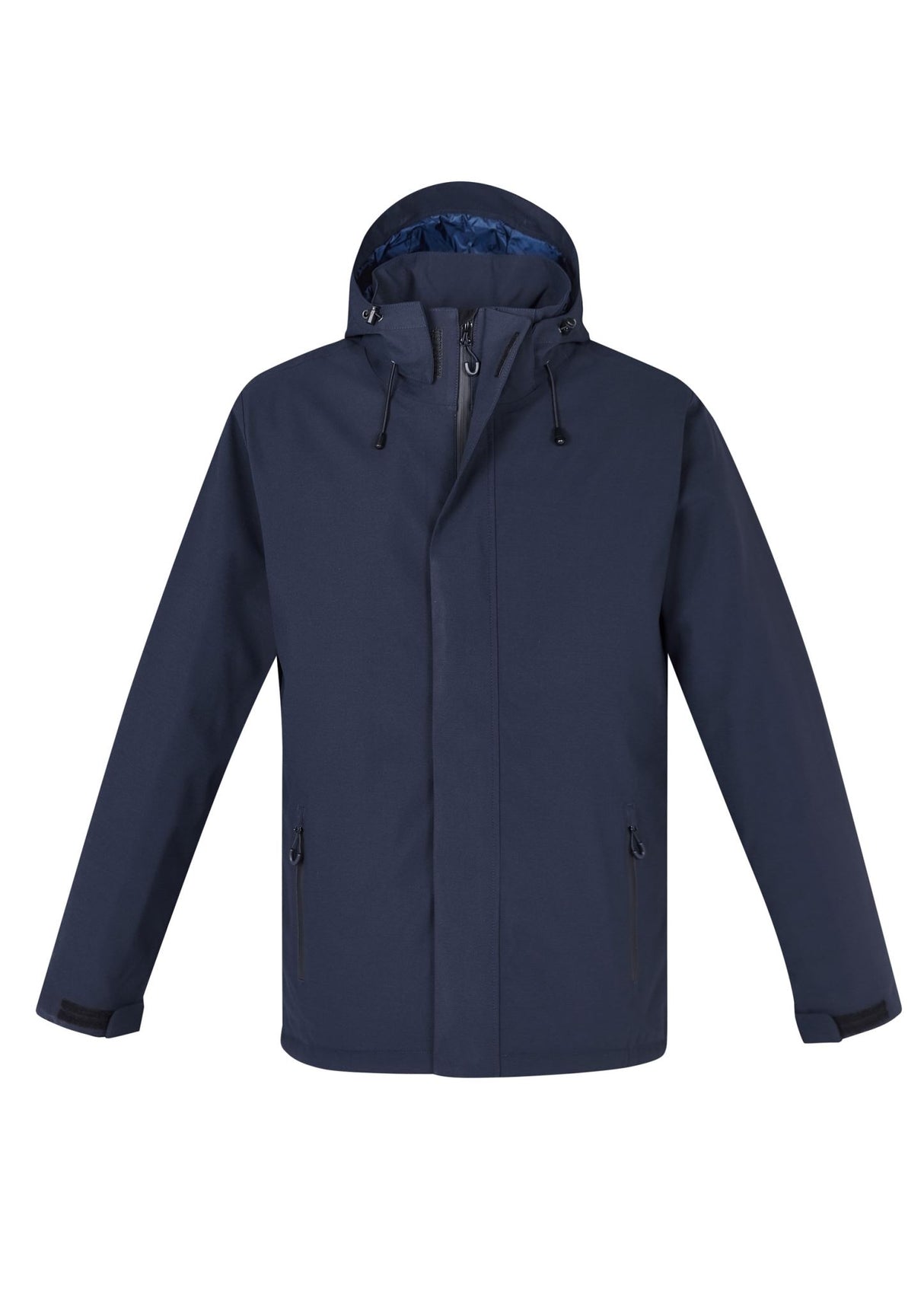 Men's Navy Eclipse Jacket by Biz Collection featuring a waterproof shell, detachable hood, and internal quilted lining for warmth.