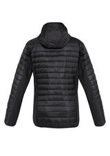 Unisex black/silver patrol jacket, size L, featuring insulated quilting, adjustable hood, and reflective media pocket.