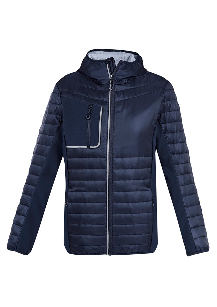 Stylish unisex navy/silver patrol jacket with insulated quilting, softshell panels, and reflective details for outdoor comfort.