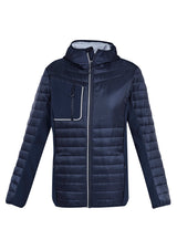 Stylish unisex navy/silver patrol jacket with insulated quilting, softshell panels, and reflective details for outdoor comfort.