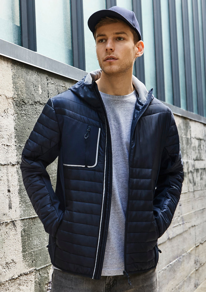 Unisex Navy/Silver Patrol Jacket features insulated quilting, softshell panels, and a media pocket for outdoor style and functionality.