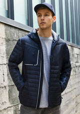 Unisex Navy/Silver Patrol Jacket featuring insulated quilting, softshell panels, and reflective details for style and functionality.