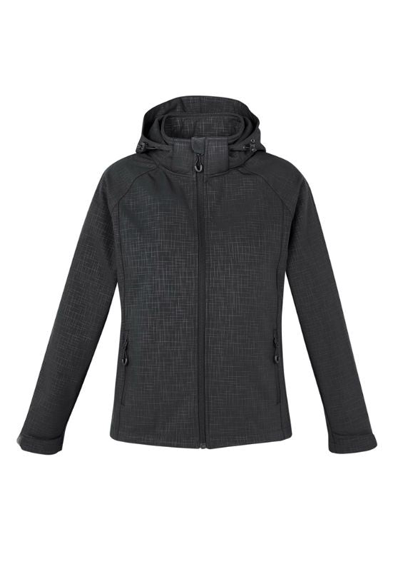 Stylish black Ladies Geo Jacket in Small, featuring a breathable TPU membrane, soft fleece lining, and removable hood.