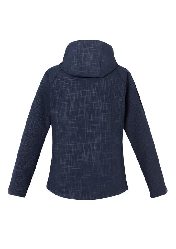 Navy Ladies Geo Jacket (Small) featuring breathable fabric, soft fleece lining, removable hood, and zippered pockets.