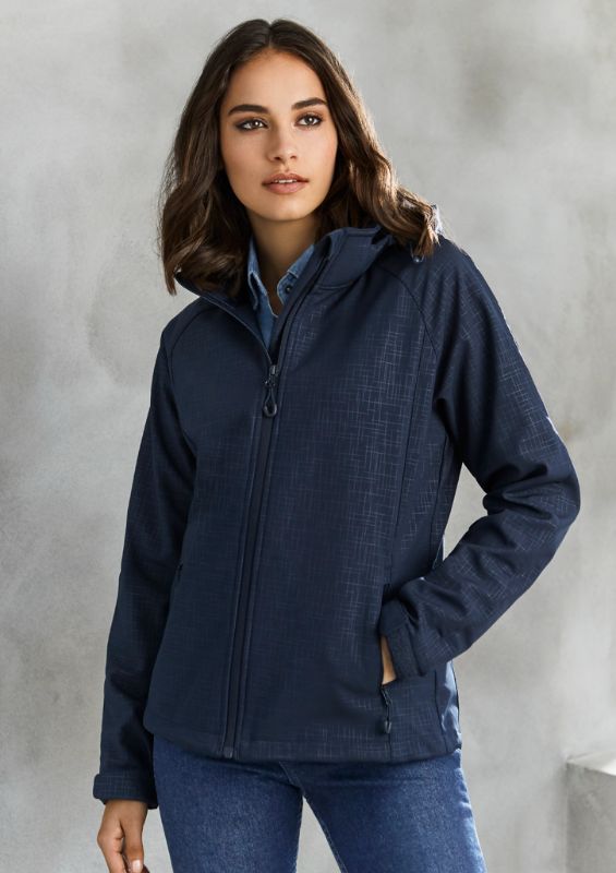 Ladies Geo Jacket in Navy, Small size; features breathable fabric, soft fleece lining, zip-off hood, and zippered pockets.